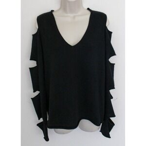 Skull Cashmere Sweater Small Black Pullover V Neck Cut Out Sleeves 100% Cashmere